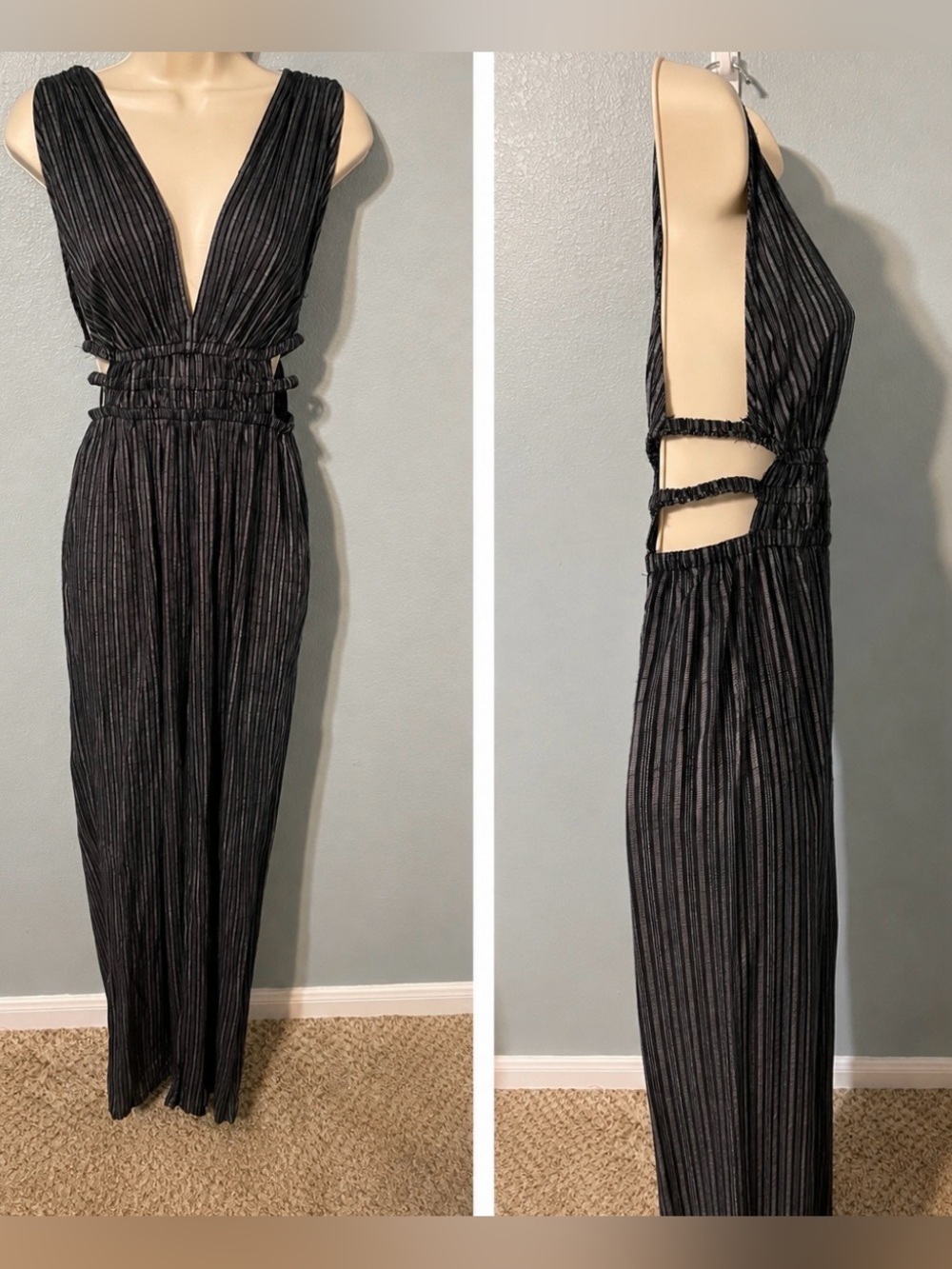 Indulge Gray Metallic Stripe Wide Leg Jumpsuit Plunge Side Cutout Y2K Edgy Small